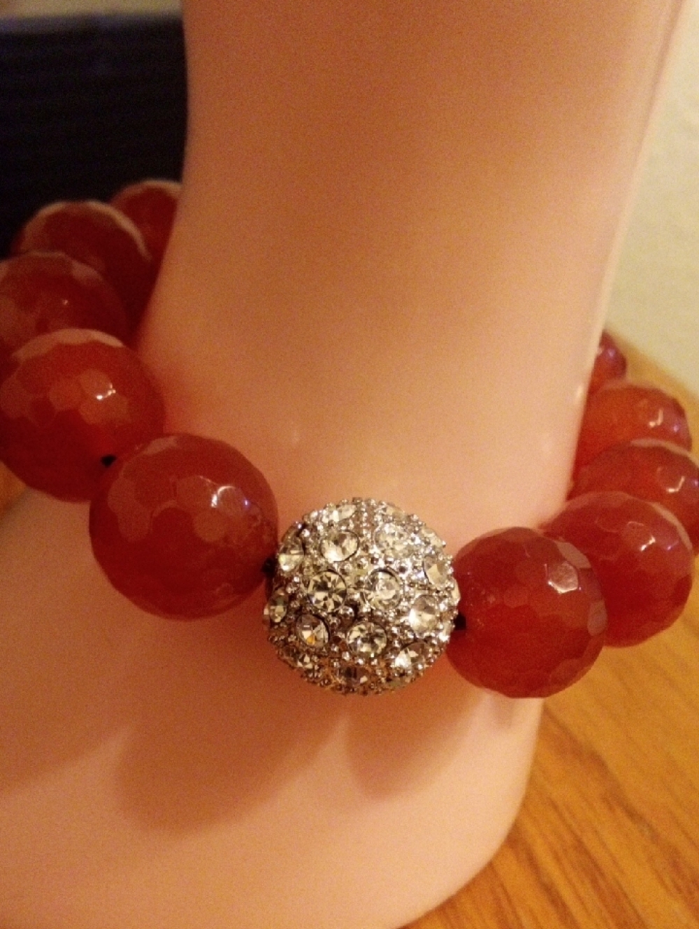 Faceted Red Agate Bead Bracelet with Pave Crystal Accent